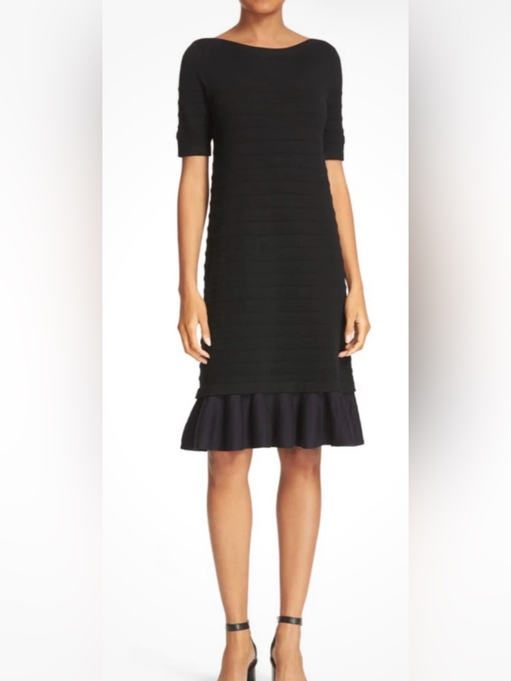 Tory Burch Giselle Merino Wool Sweater Dress Medium Black Navy Blue Ruffle Hem